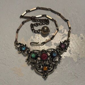 Vintage Antiqued Fruit Salad Rhinestone Molded Gold Tone Choker Necklace 16”